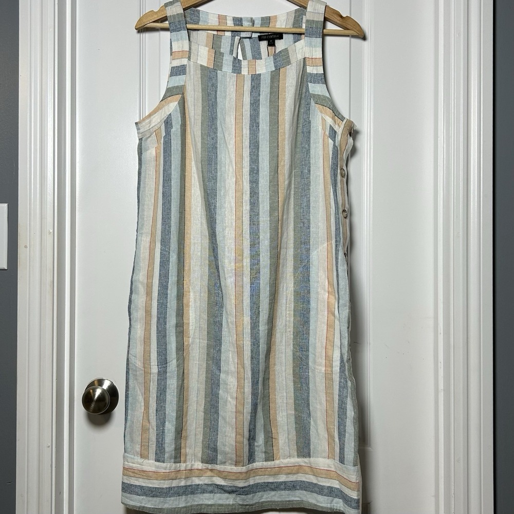 For Cynthia Linen Blend Stripe Button Side Shift Dress Coastal Chic Earthy Style